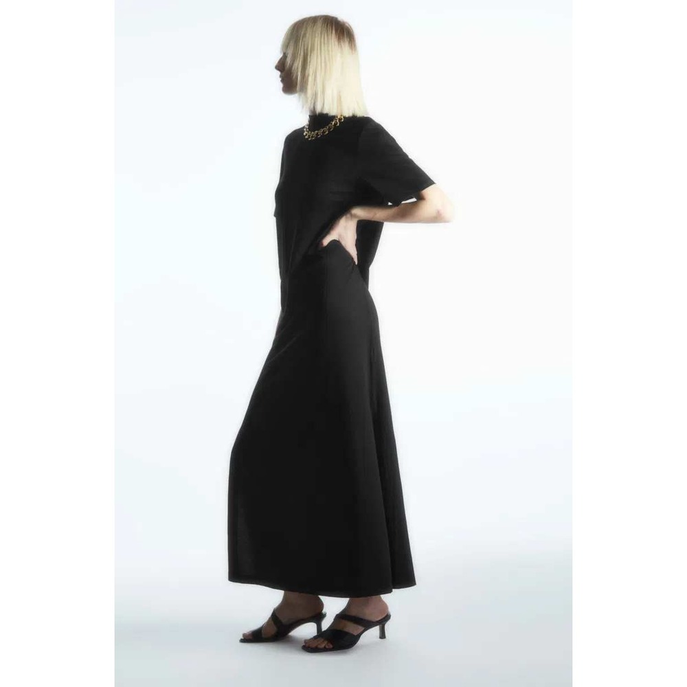 COS Mock-Neck Maxi T-Shirt Dress Womens Medium Black Short Sleeve Side Slit